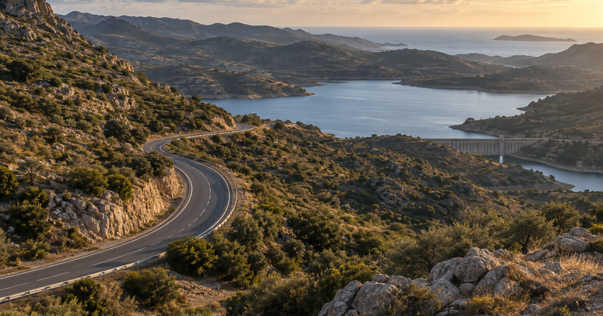 Paesaggio simbolico della Sardegna interna con una strada che conduce verso un invaso; immagine editoriale generata, non riferita a un’opera specifica.