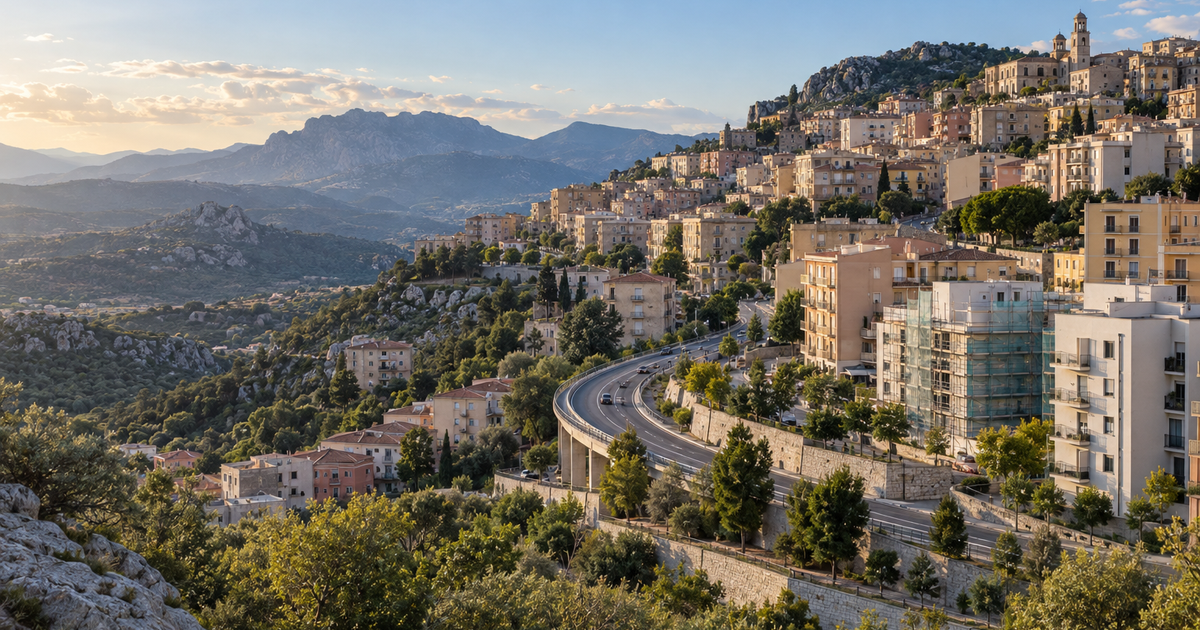 Veduta di Nuoro con quartieri residenziali e rete stradale nel paesaggio collinare.