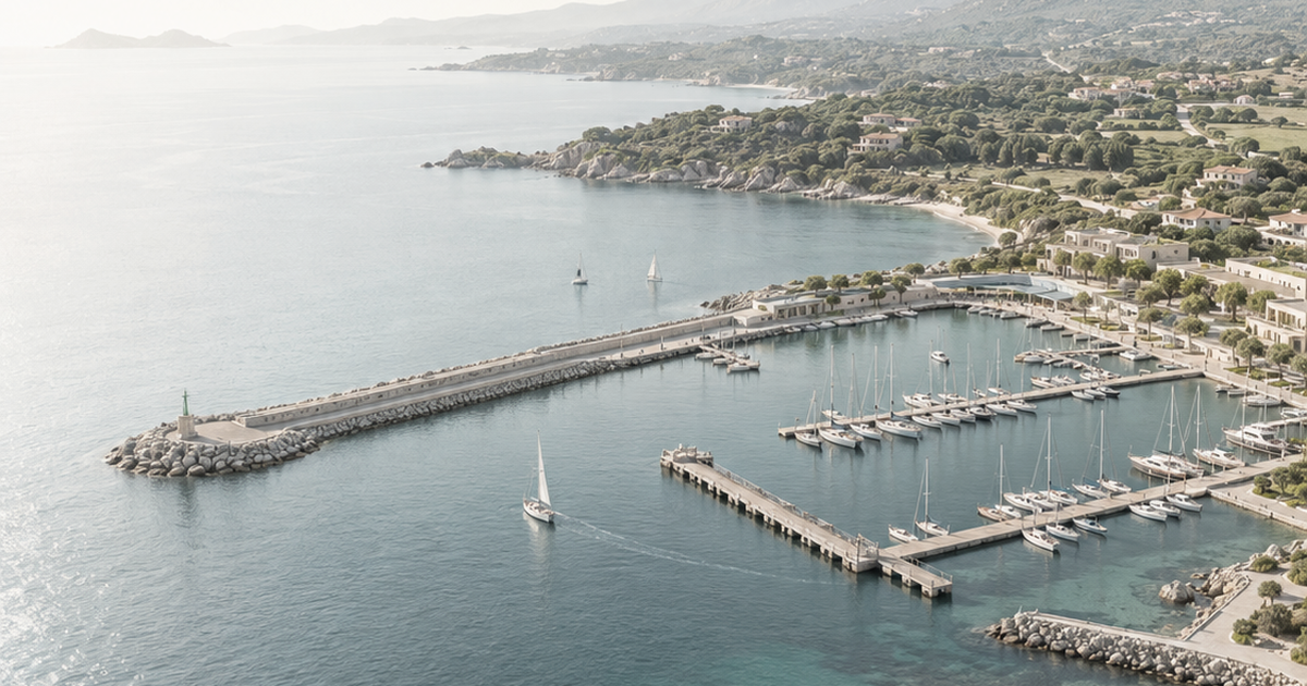 Vista aerea illustrativa di un porto turistico lungo la costa sarda.
