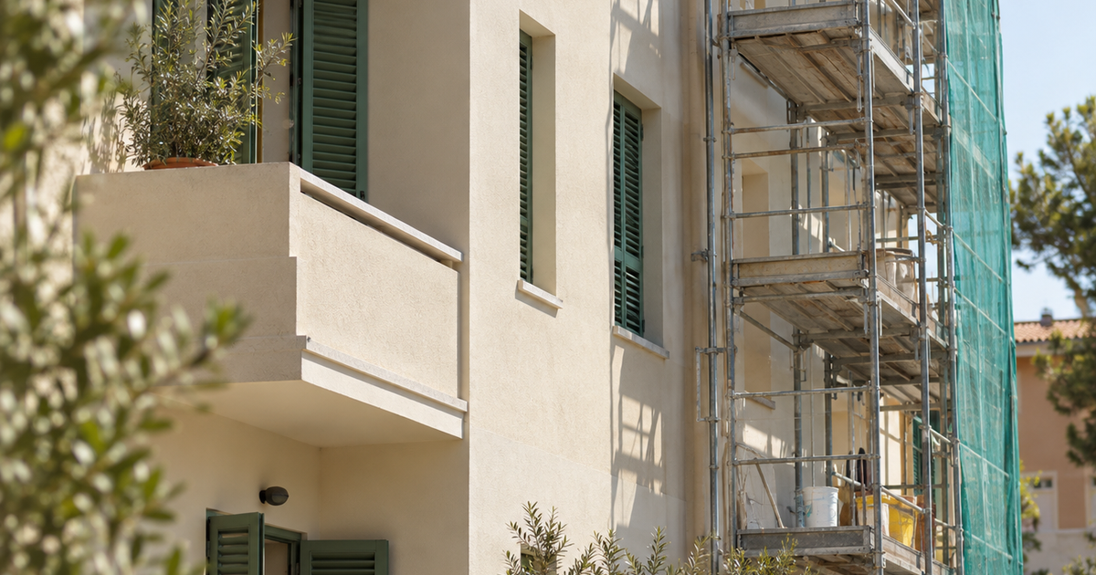 Edificio residenziale in ristrutturazione con ponteggio e persiane verdi.